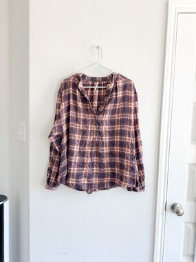 ree People Oversized Red Blue Plaid Henley Button Tunic Top Size XS